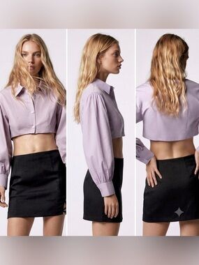 Zara Cropped Voluminous Poplin Shirt in a lilac/purple colorway.